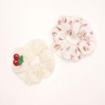 Bear and Cherry Embroidered Hair Scrunchie Set